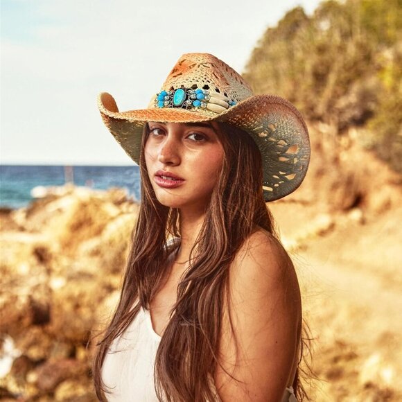 Cowgirl Hat Straw Wide Brim Sun Hat for Women Beach Outdoor Ear Protection